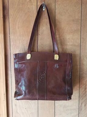Vintage Marino Orlandi Brown Leather Tote Handbag Made in Italy Plaid Lining EUC